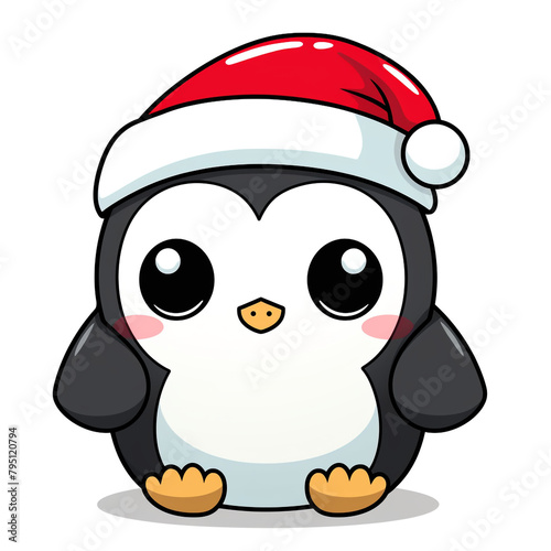 clipart kawaii, cute penguine wearing a christmas hat, soft pastel colour scheme, white background сreated with Generative Ai