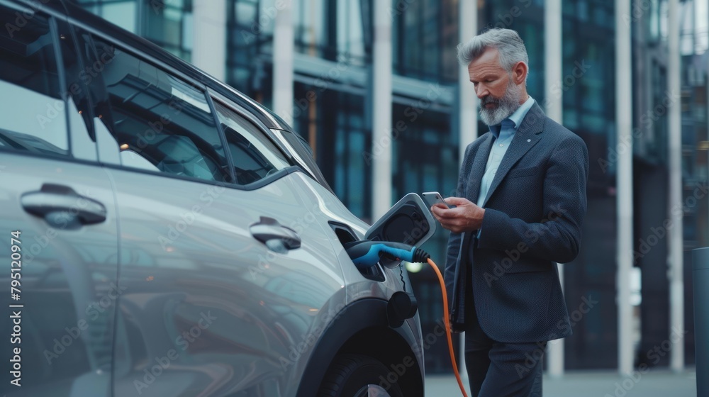 A man in a suit is charging an electric car. A man with short beard is standing near the modern silver SUV. He holds a mobile phone in his hand, outside an office building background.