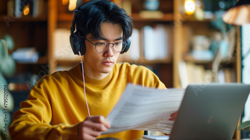 Young Man in Glasses Concentrating on Documents, Academic Study Concept photo