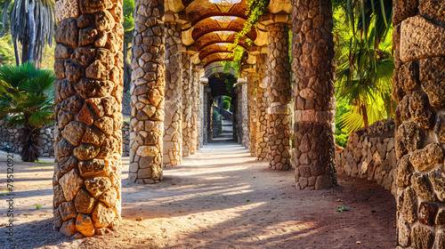 Stone columns arcade in Park Guell Barcelona Spain.  photo
