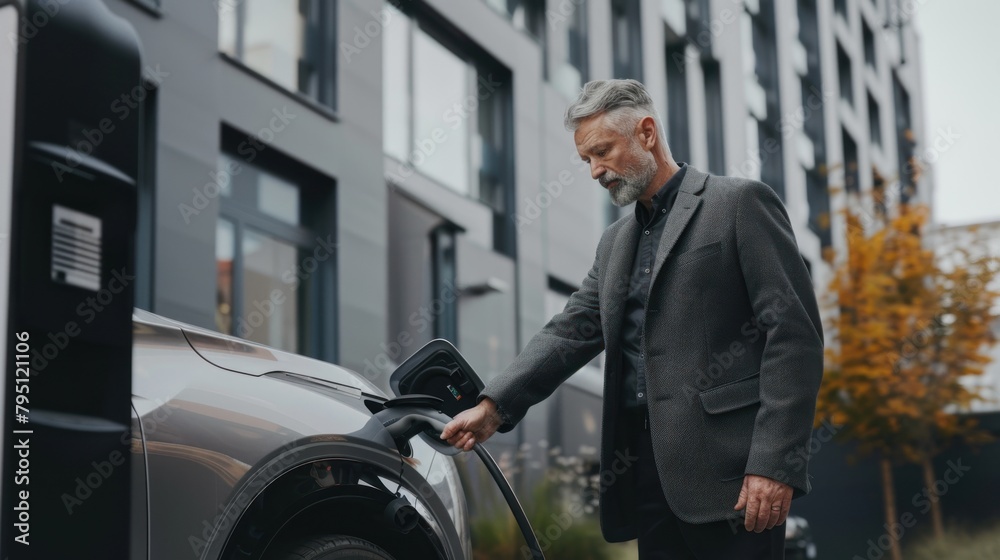 A man in a suit is charging an electric car. A man with short beard is standing near the modern silver SUV. outside an office building background.