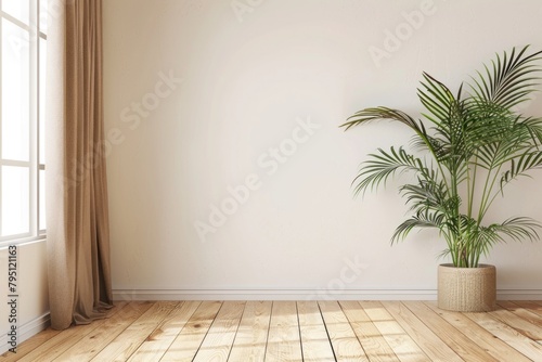 Floor And Wall. Empty White Wall Mockup with Plant  Brown Curtain  and Wood Floor in a Cozy Scandinavian Home Setting