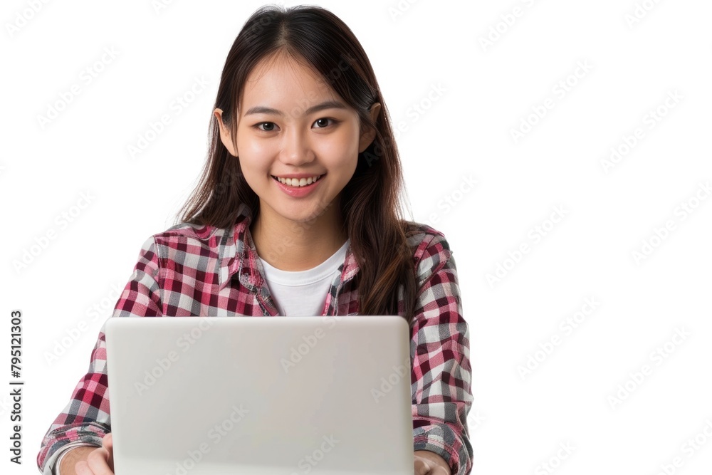 Woman Laptop Computer. Happy Asian Woman in Casual Attire Using Laptop Computer Woman Laptop Computer. Happy Asian Woman in Casual Attire Using Laptop Computer