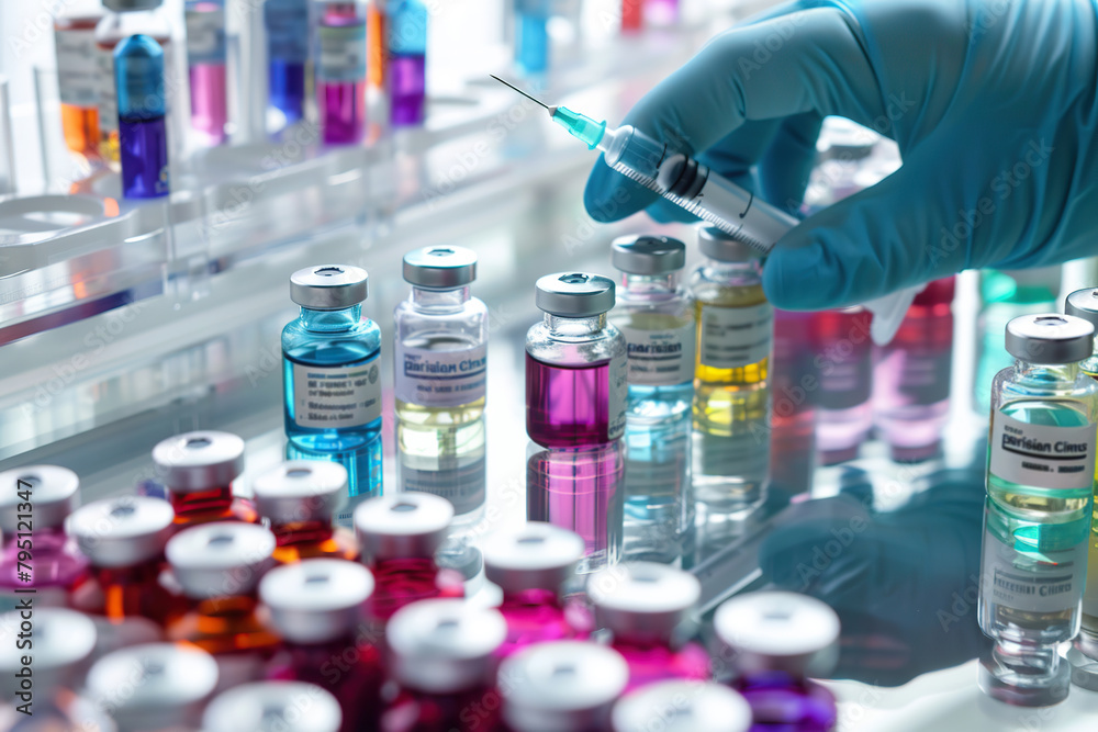 Hand with sanitary gloves checking glass medicine vials with liquid, bottles in a sterile factory. Health and vaccination. Scientist holding remedy. Pharmacology, medical research, laboratory analysis
