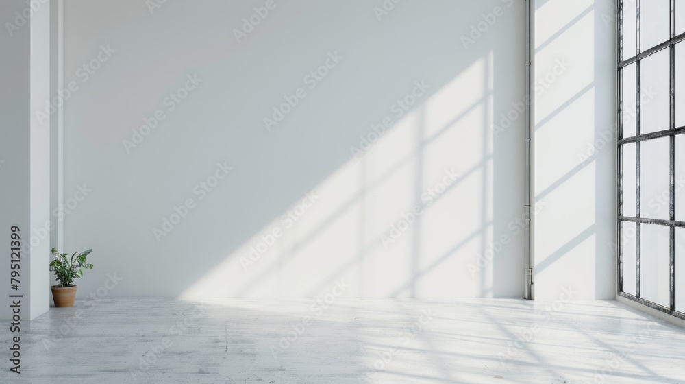 A large window in a room with a plant in it