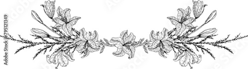 Hand drawn lily florals arrangement with leaves and branches