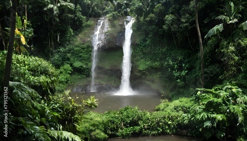 A cascading waterfall surrounded by lush tropical upscaled 3