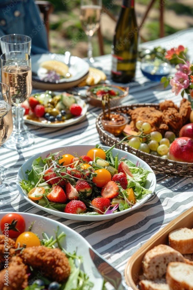 Mediterranean Salad. Picnic Celebration with Fresh Salad, Chicken, and Champagne Outdoors