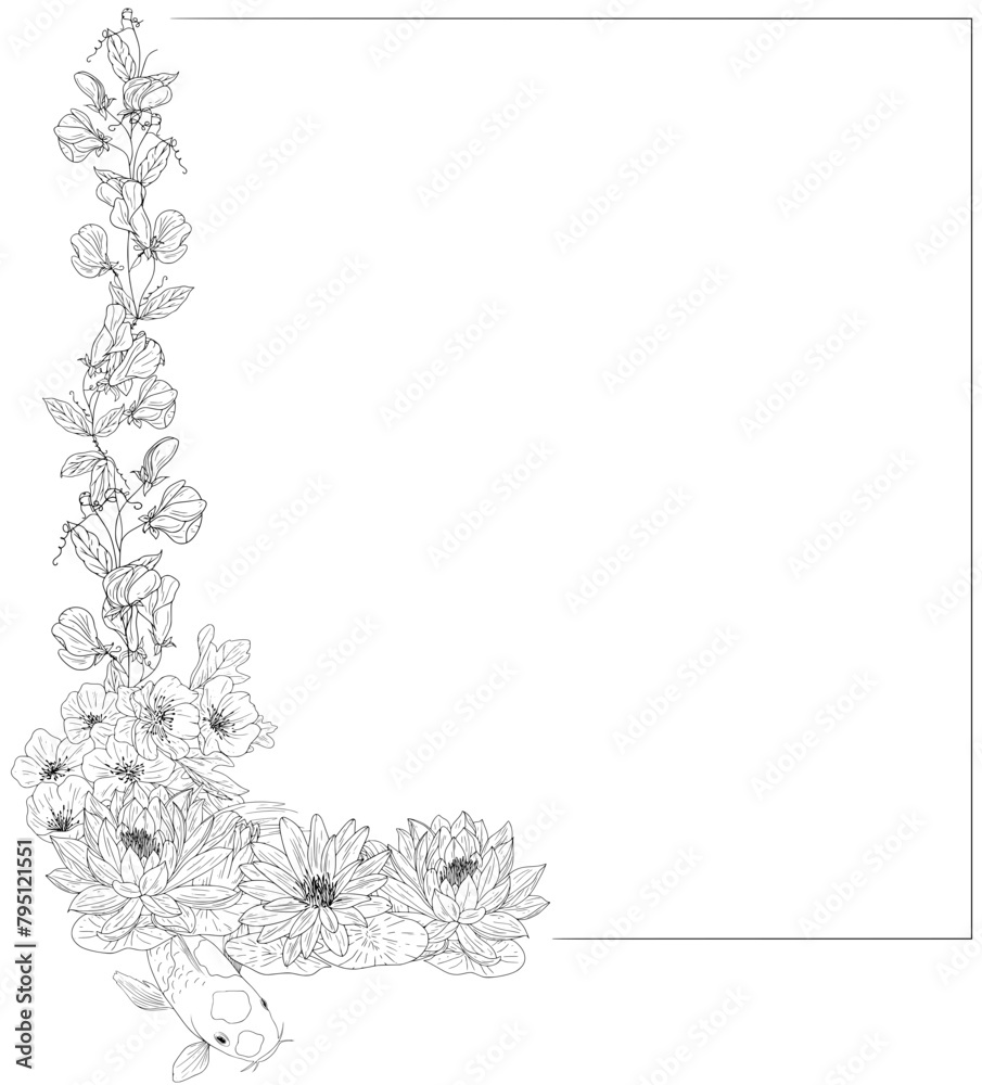 Floral square borders with mixed spring flowers, lilies and kio carp Floral square borders with mixed spring flowers, lilies and kio carp
