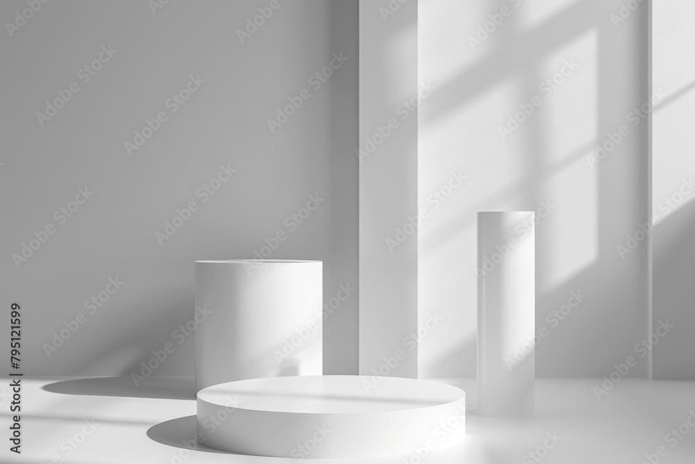 Standing White Background. Empty Pedestal Display for Product Showcase with Cylinder Stand Concept Standing White Background. Empty Pedestal Display for Product Showcase with Cylinder Stand Concept