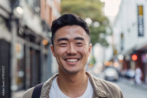 Asian Male Smiling. Young Asian Man in 20s Smiling Confidently on City Street
