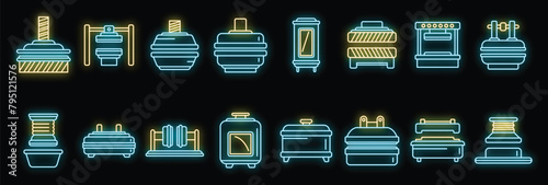 Press form machines icons set outline vector. Formation manufacturing. Action equipment neon color on black