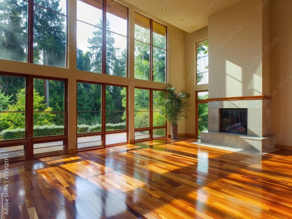 Fototapeta premium Windows Home. Big Luxurious Living Room with Fireplace, Hardwood Floors, and Stunning View