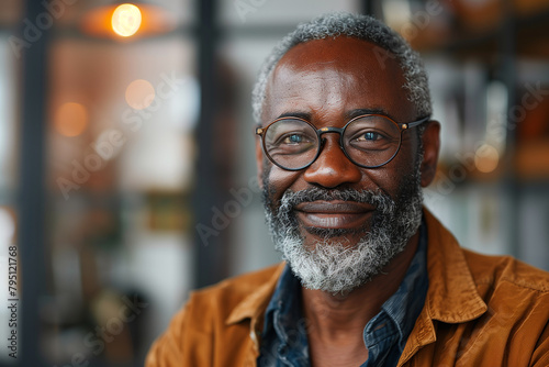 Close up African elderly grandfather posing at home. Portrait male business worker indoors in office company CEO old mature senior American man ethnic businessman looking at camera middle-aged boss photo