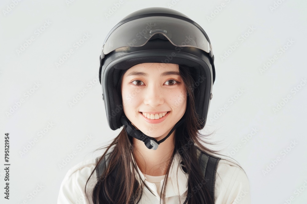 A headshot portrait of a woman model wearing motorcycle helmet looking at the camera isolated on white background shot in a studio. A headshot portrait of a woman model wearing motorcycle helmet looking at the camera isolated on white background shot in a studio.