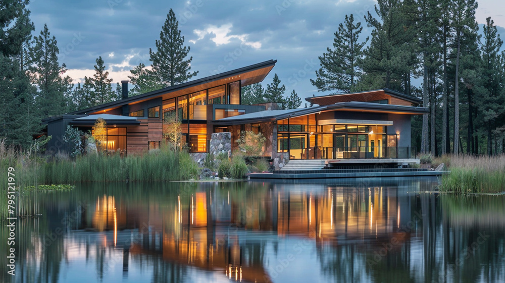 A contemporary house with a dynamic roofline and expansive windows, overlooking a serene lake surrounded by tall pine trees.