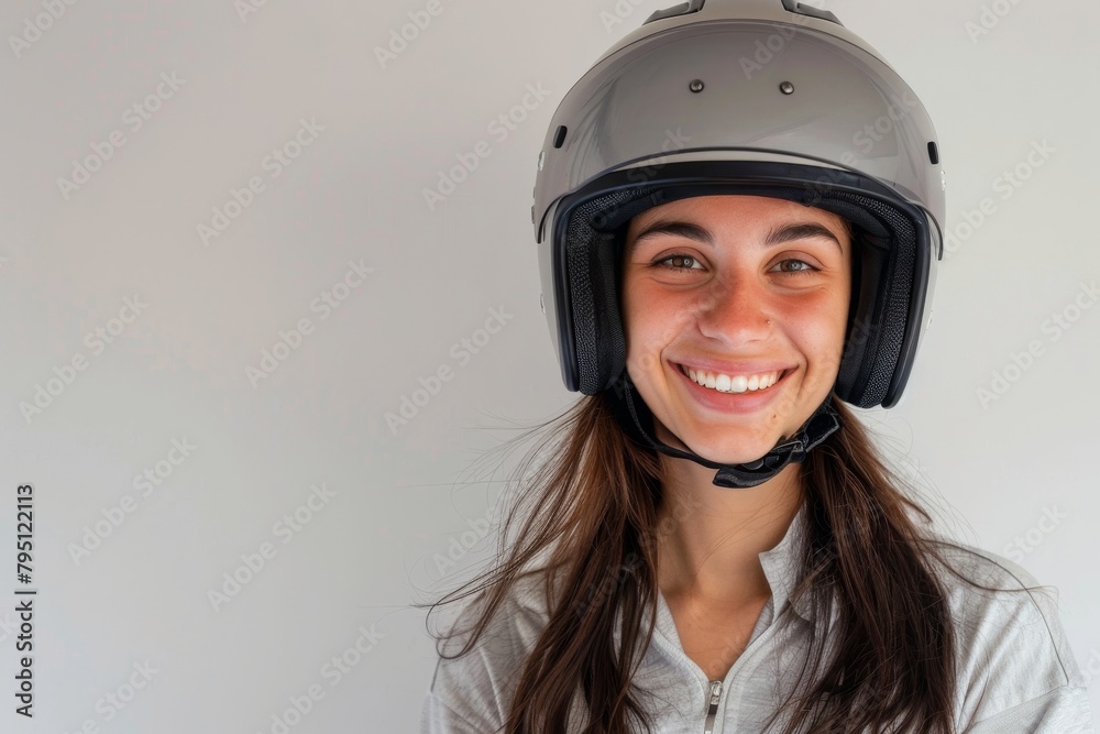A headshot portrait of a woman model wearing motorcycle helmet looking at the camera isolated on white background shot in a studio. A headshot portrait of a woman model wearing motorcycle helmet looking at the camera isolated on white background shot in a studio.