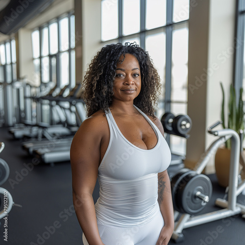 Plus size black woman doing sport fitness exercises at gym,  posing at camera, wearing white top and leggings, blurred gym background