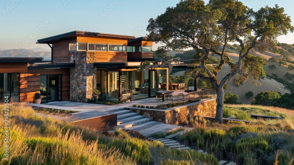 A contemporary house with a unique blend of materials, featuring a mix of wood, stone, and metal elements, set against a backdrop of rolling hills.