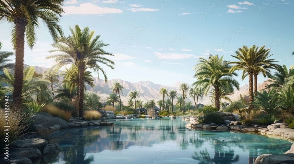 Remote desert oasis with palm trees and clear skies, providing a peaceful setting for outdoor yoga