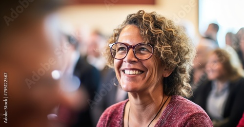 Attendees at a seminar, including a smiling woman with curls and specs photo