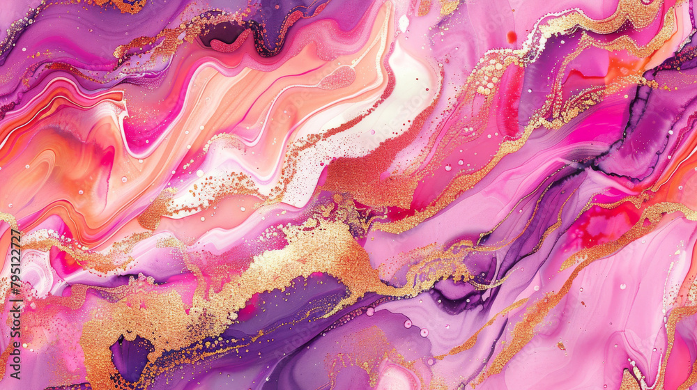 Colorful Marble Pattern with Pink, Purple, Orange, and Gold Swirls