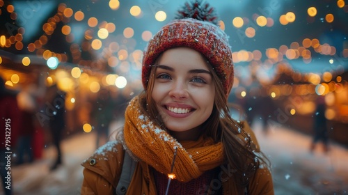 Woman in Winter Hat and Scarf Smiles at Camera