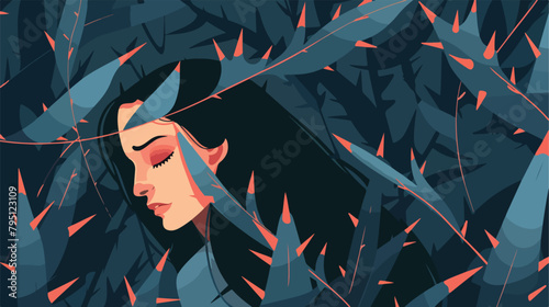 Sad woman surrounding sharp thorns. Lonely Girl has m
