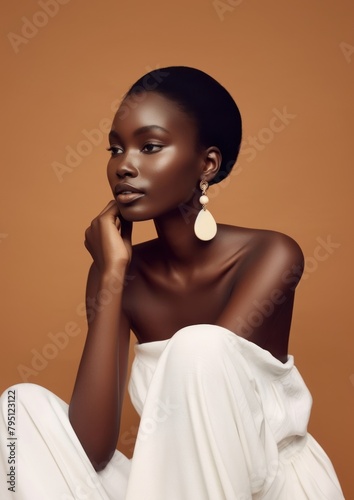 A black woman wearing white minimal dress and white minimal earring photography portrait jewelry. © Rawpixel.com