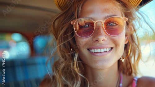 Woman Wearing Sunglasses and Hat in Car