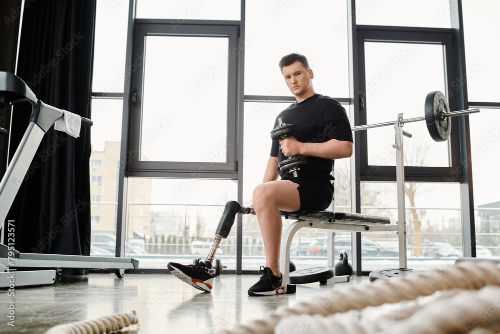Fototapeta premium A man with a prosthetic leg is seen sitting on a bench in a gym, working out with dumbbell