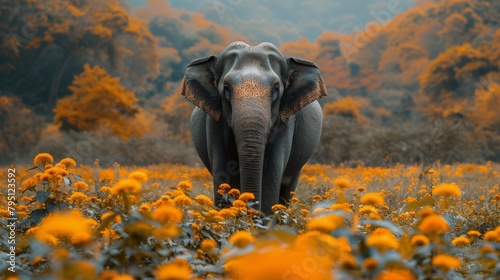 Elephant Standing in Field of Yellow Flowers