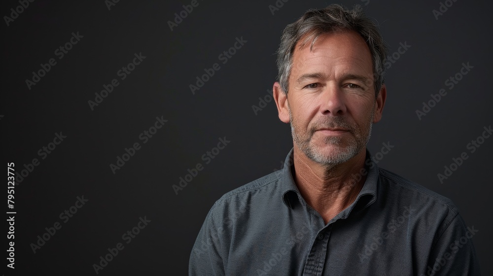 Senior man with public speaker gesture, gray studio background, copy space