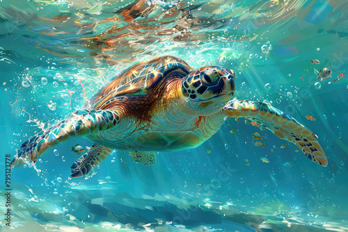 A closeup of an adorable sea turtle gracefully gliding through the crystal clear waters, its shell adorned with intricate patterns and vibrant colors. Created with Ai