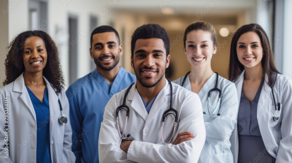 Portrait of a group of happy doctors, nurses, and other medical staff in a hospital. Portrait of a group of happy doctors, nurses, and other medical staff in a hospital.