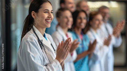 Portrait of a Group of medical professionals clapping and celebrating teamwork support for healthcare achievement or goal at the hospital.