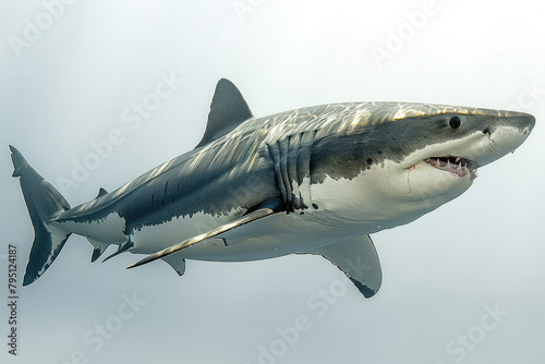 A highly detailed and realistic full body portrait of the great white shark, set against an isolated background. Created with Ai © Stock