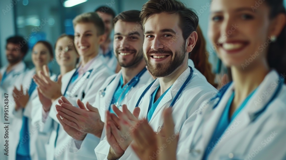 Portrait of a Group of medical professionals clapping and celebrating teamwork support for healthcare achievement or goal at the hospital. Portrait of a Group of medical professionals clapping and celebrating teamwork support for healthcare achievement or goal at the hospital.