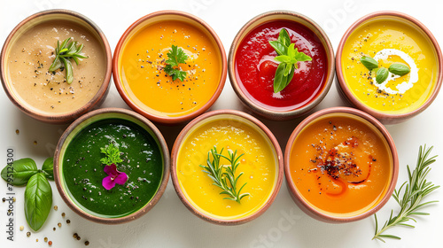 A top-down view of a variety of creamy soups served in plates against a white background