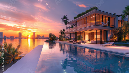  A high-end Miami mansion with an infinity pool, palm trees and a sunset over the ocean in the background. Created with Ai © Stock