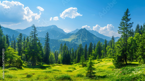 Summer mountains landscape with trees and green grass.