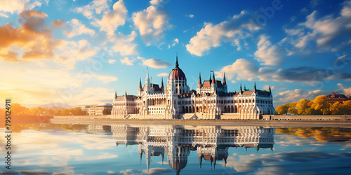 Magnificent parliament building exterior view and building surrounded with water and reflection of building seen in the water on vast sky and clouds background, day time view