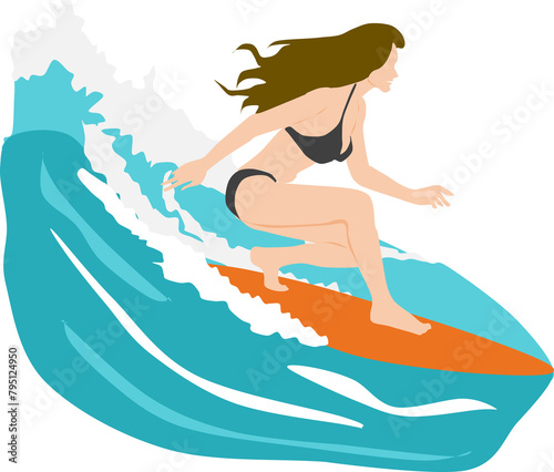 サーフィンをする女性のイラスト