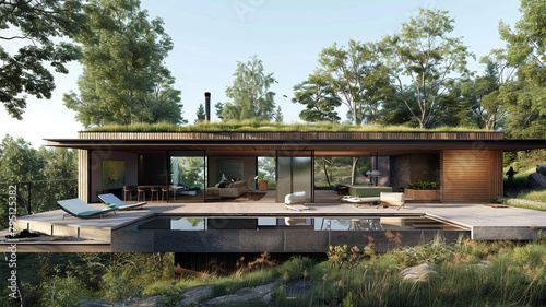 A contemporary house with a green roof and sustainable design features, blending seamlessly with the natural landscape and surrounding vegetation.