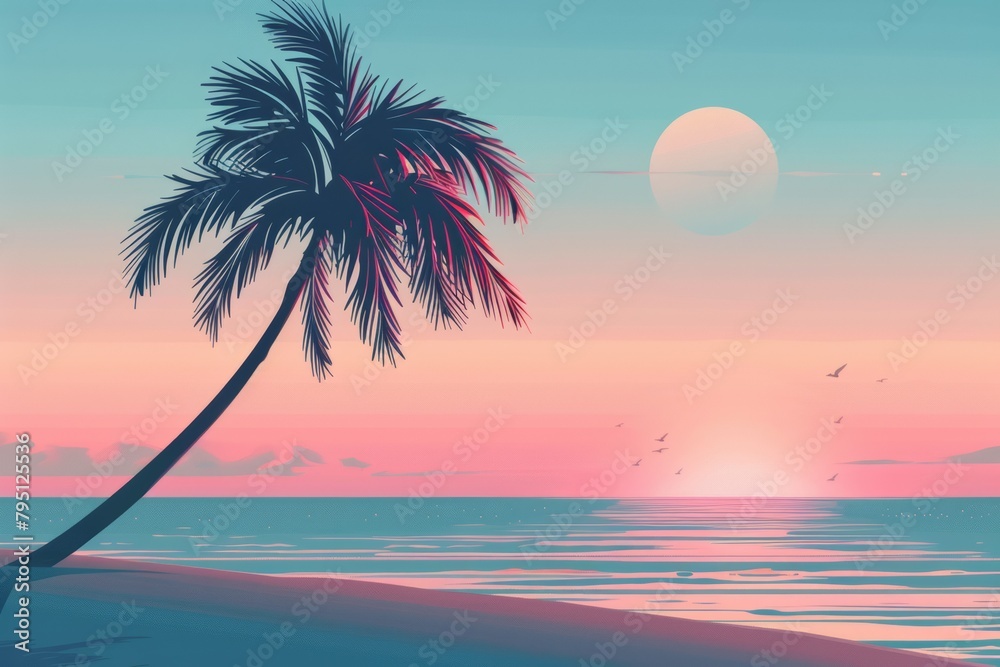 Illustration of Serene Beach at Sunset, Tranquil Tropical Seascape, Vector Art of Palm Tree and Calm Ocean, Warm Colors of Paradise