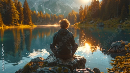 Person Sitting on Rock Looking at Lake photo