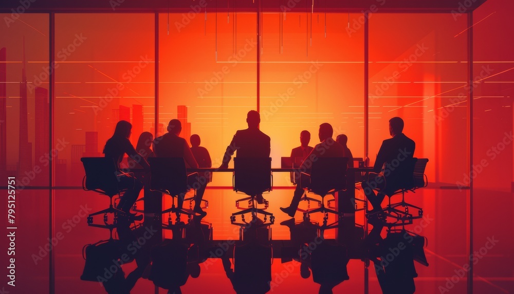 Illustration of Corporate Business Meeting, Executives in Strategy Session, Vector Sunrise Boardroom with City View, Team Collaboration and Leadership Illustration of Corporate Business Meeting, Executives in Strategy Session, Vector Sunrise Boardroom with City View, Team Collaboration and Leadership
