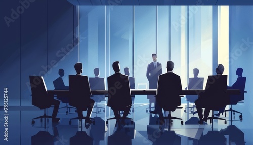Illustration of Corporate Business Meeting, Executives in Strategy Session, Vector Sunrise Boardroom with City View, Team Collaboration and Leadership