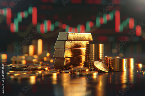 Gold bars and coins on black background of stock graph charts. Concept for company dealing in gold investment. Closeup. Financial business economy, wealth, reserve success. Money, treasure, enrichment