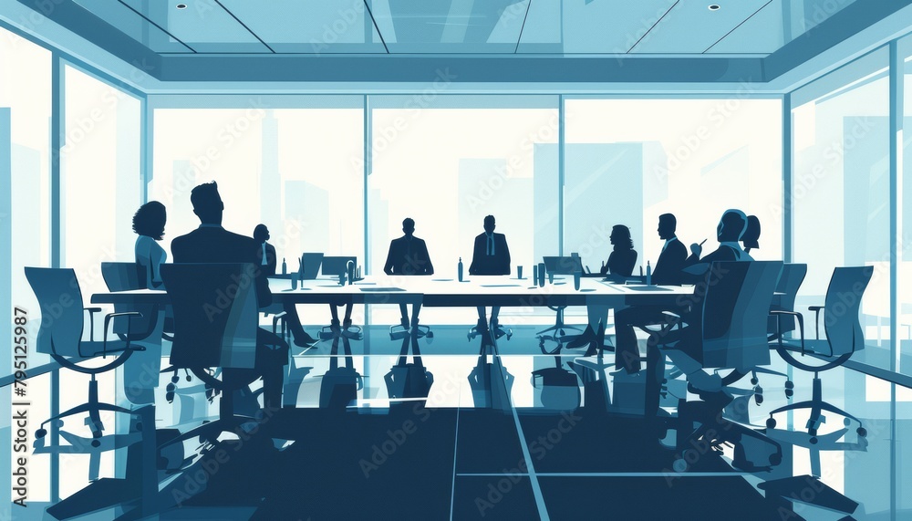 Illustration of Corporate Business Meeting, Executives in Strategy Session, Vector Sunrise Boardroom with City View, Team Collaboration and Leadership Illustration of Corporate Business Meeting, Executives in Strategy Session, Vector Sunrise Boardroom with City View, Team Collaboration and Leadership